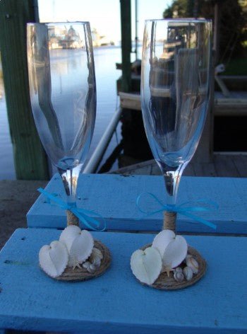 Beach Wedding Toasting Champagne and Shell Flutes