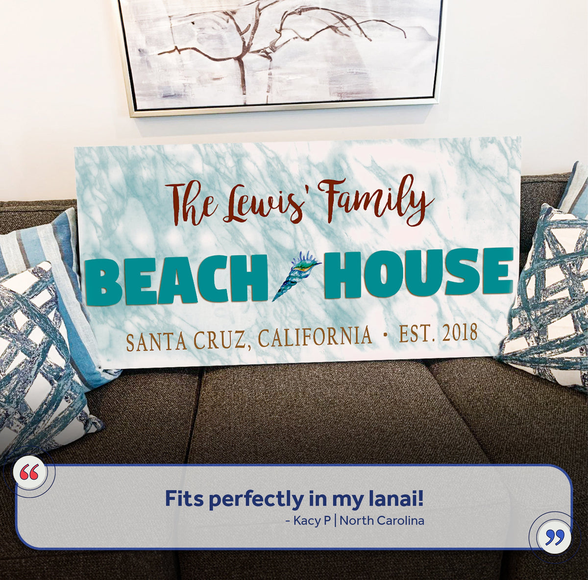 Beach House Sign II canvas art with teal BEACH HOUSE lettering and The Lewis Family script on Tampa Home & Garden Store