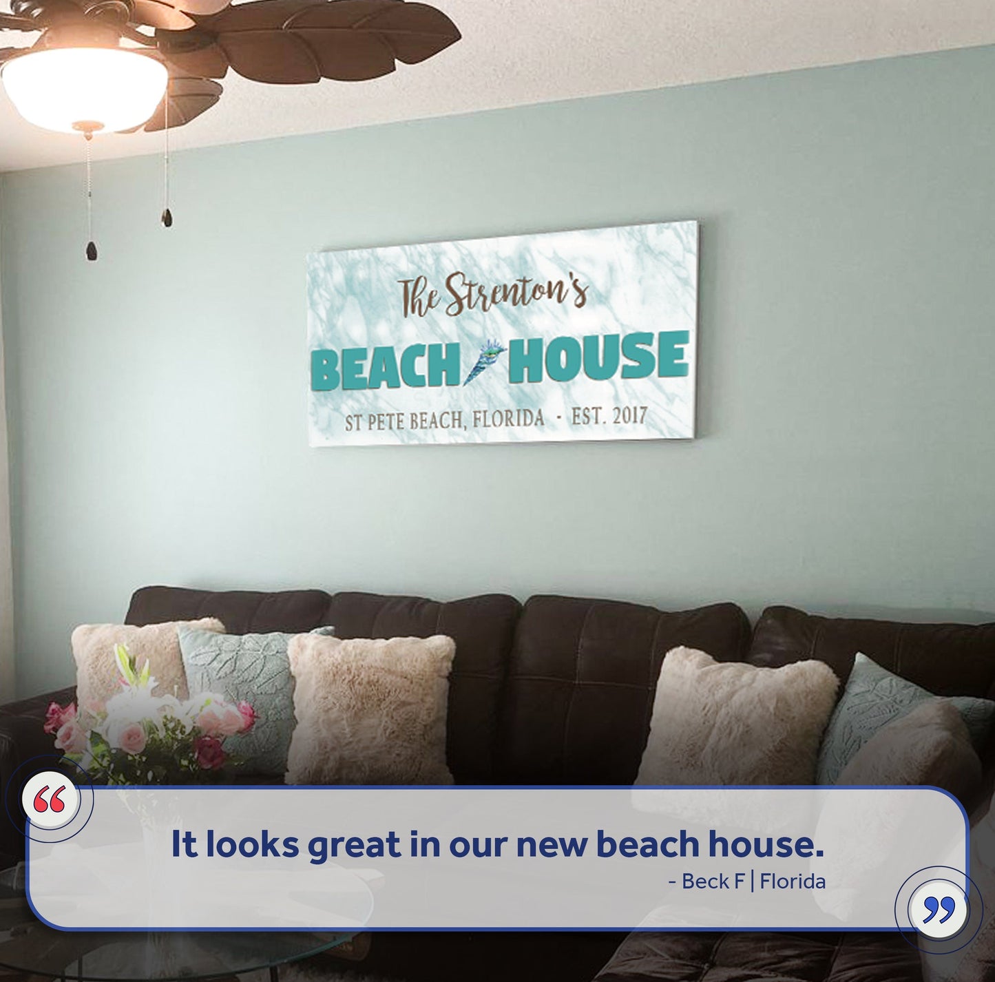 Beach House Sign II canvas by Tailored Canvases with teal BEACH HOUSE text on marble backdrop on Tampa Home & Garden Store