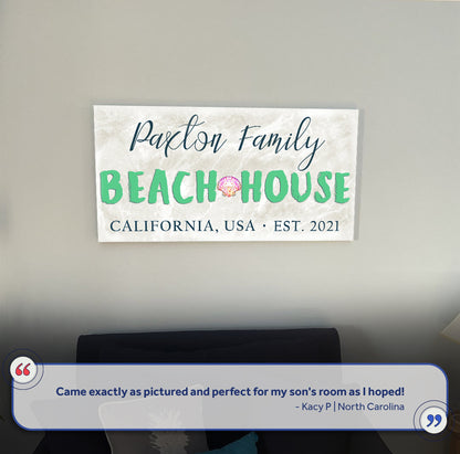 Beach House Sign III canvas with turquoise BEACH HOUSE letters and seashell icon, Patton Family on Tampa Home & Garden Store