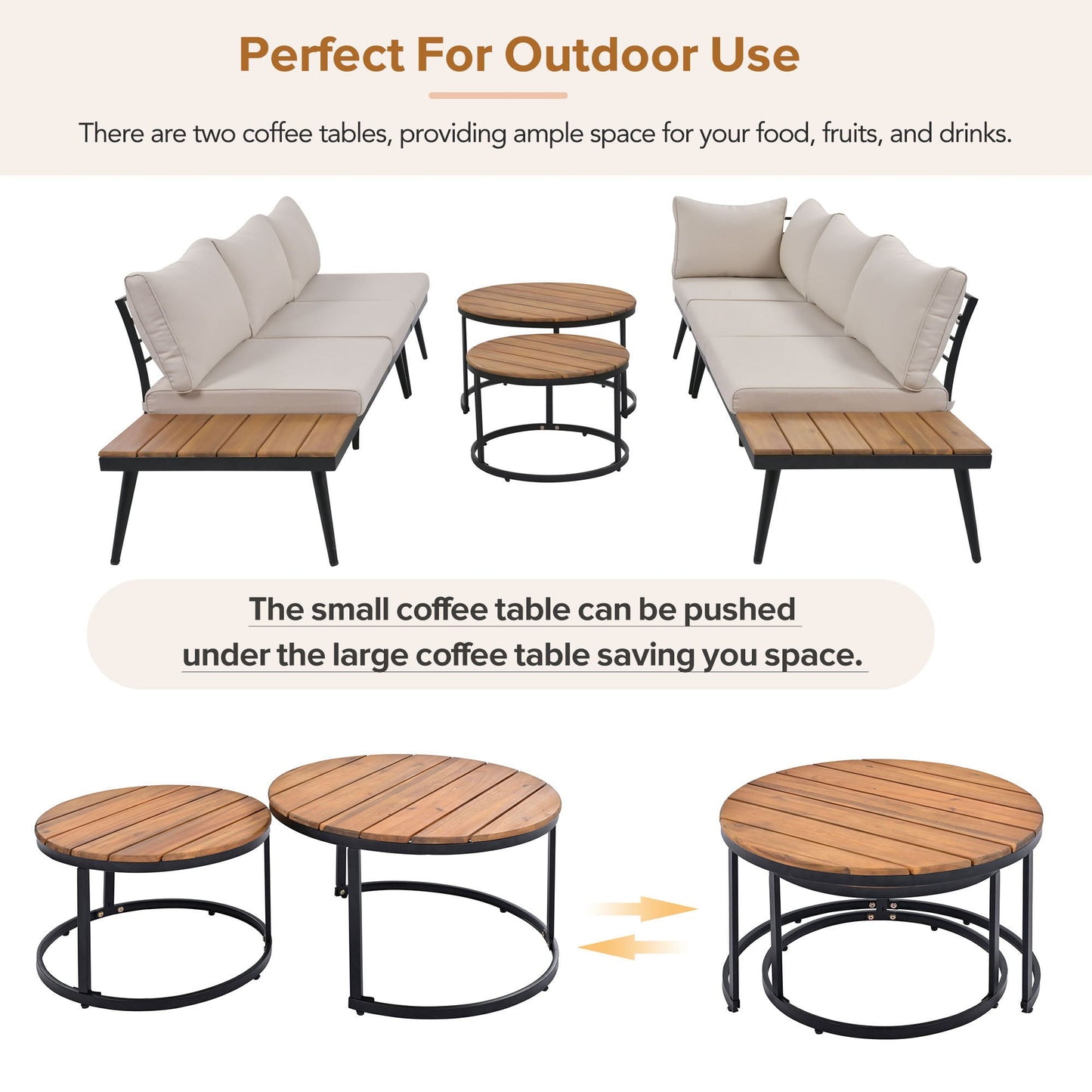 Modern Outdoor Sectional Sofa Set with Nest Tables in beige cushions by HouseOfZazla, 6-piece on Tampa Home & Garden Store