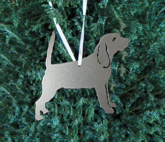 Beagle standing plant stake ornament in silver metal with ribbon hanger Rustica Ornamentals on Tampa Home & Garden Store
