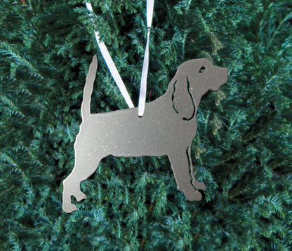 Beagle standing plant stake ornament in silver metal with ribbon hanger Rustica Ornamentals on Tampa Home & Garden Store