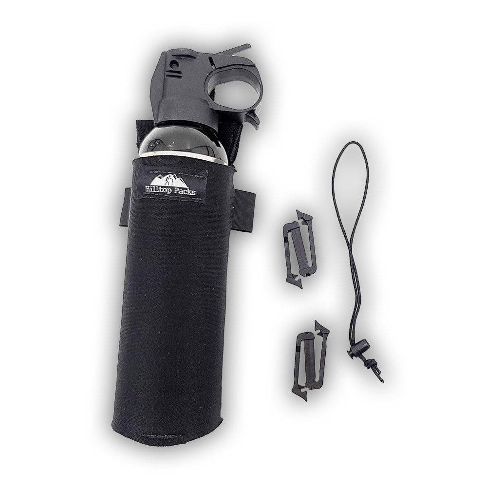 Bear spray holder, black neoprene holster with Hilltop Packs LLC branding, camping & hiking gear on Tampa Home & Garden Store