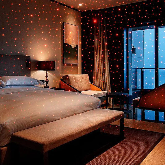 Stevvex USB LED star projector for home decor casts red dot lights across bedroom walls on Tampa Home & Garden Store