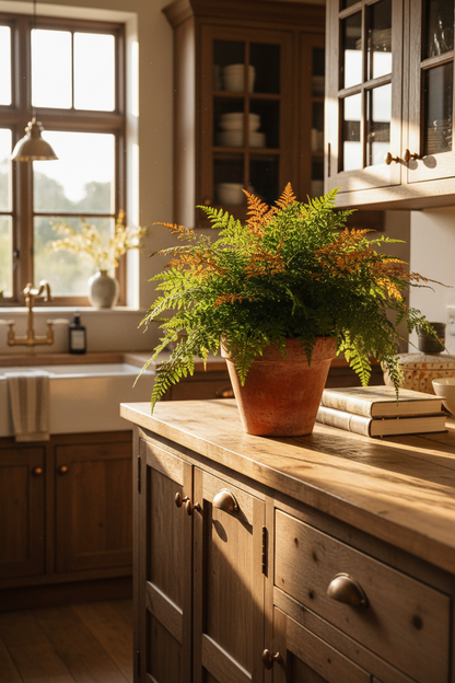 Autumn Fern indoor plant in a terracotta pot on a wooden kitchen island Rooted Treasures Farms on Tampa Home & Garden Store