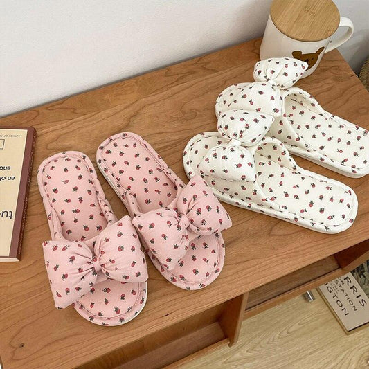 Stevvex floral bow flat cotton slippers pink and white open-toe slip-ons with memory foam on Tampa Home & Garden Store