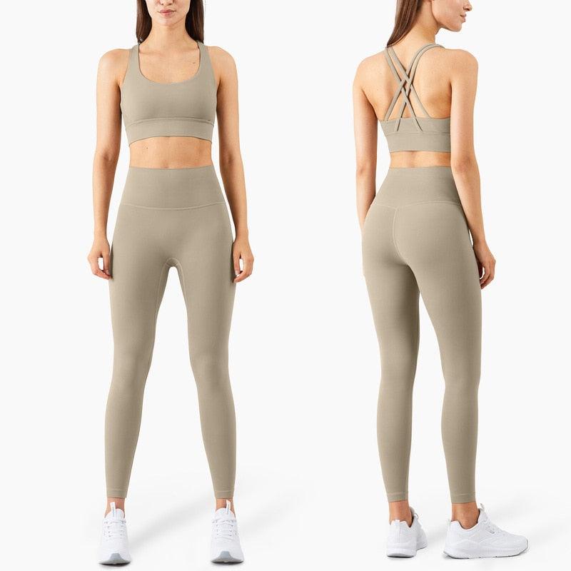 Stevvex beige high-waist seamless full-length leggings, front and back views on Tampa Home & Garden Store