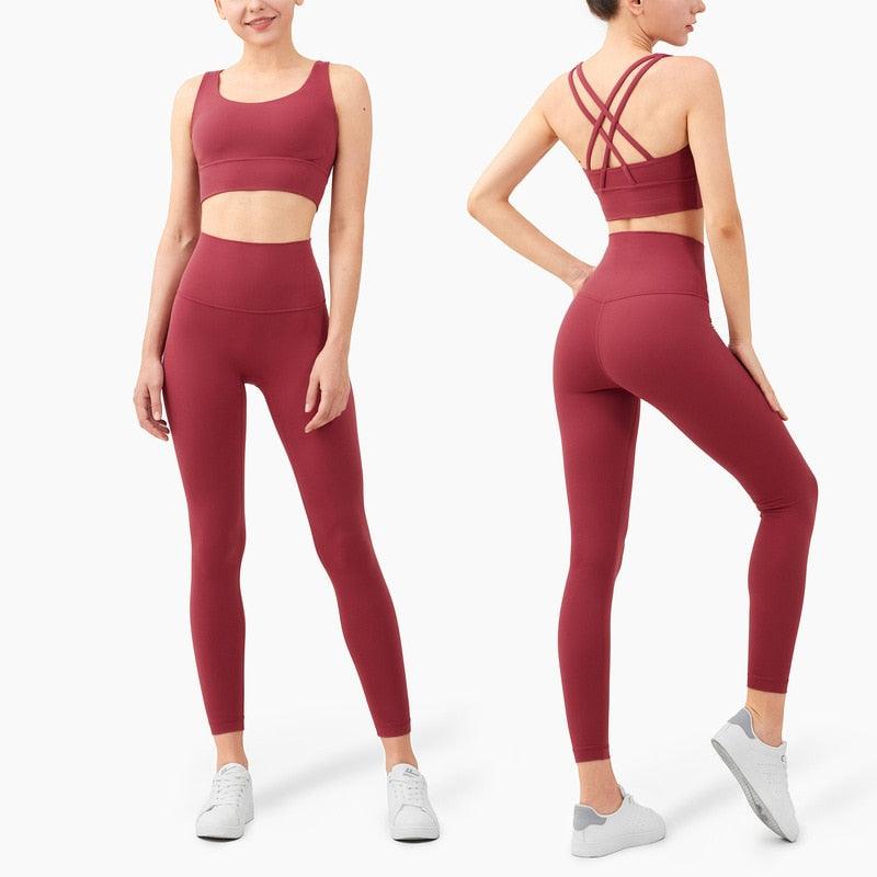 Stevvex women's seamless high-waist full-length burgundy leggings front and back views on Tampa Home & Garden Store