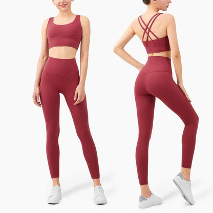 Stevvex women's seamless high-waist full-length burgundy leggings front and back views on Tampa Home & Garden Store