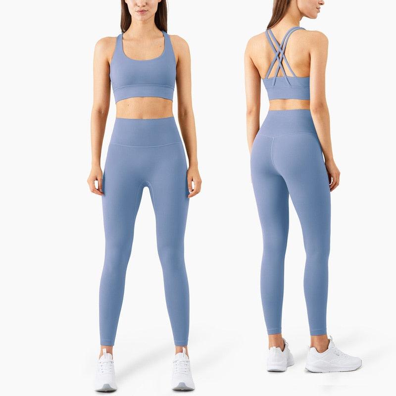 Leggings set Stevvex women's light blue seamless full-length leggings with sports bra on Tampa Home & Garden Store