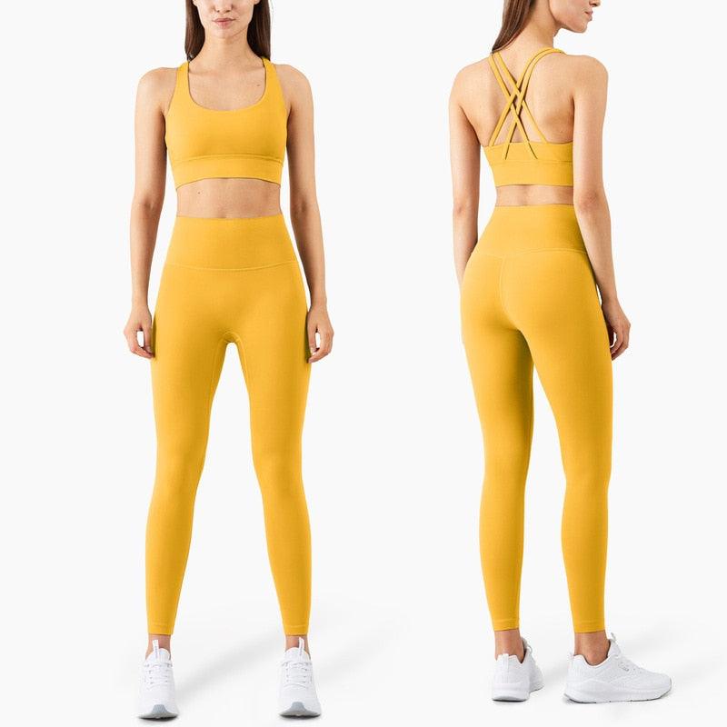 Stevvex high-waist seamless full-length leggings in mustard yellow, front view with sneakers on Tampa Home & Garden Store