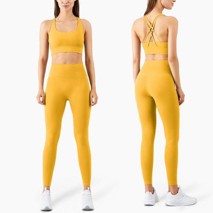 Stevvex high-waist seamless full-length leggings in mustard yellow, front view with sneakers on Tampa Home & Garden Store