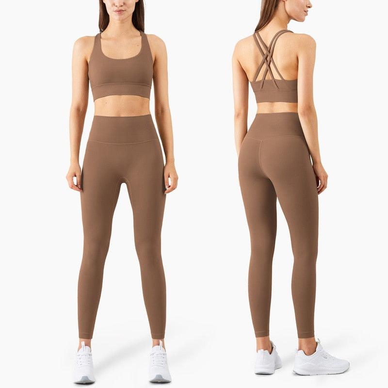Stevvex seamless full-length leggings set with sports bra in brown, high-waist front and back on Tampa Home & Garden Store