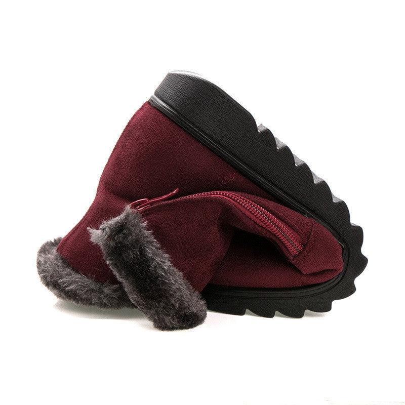 Red suede women's ankle boot with faux fur trim and zip, black platform sole on Tampa Home & Garden Store
