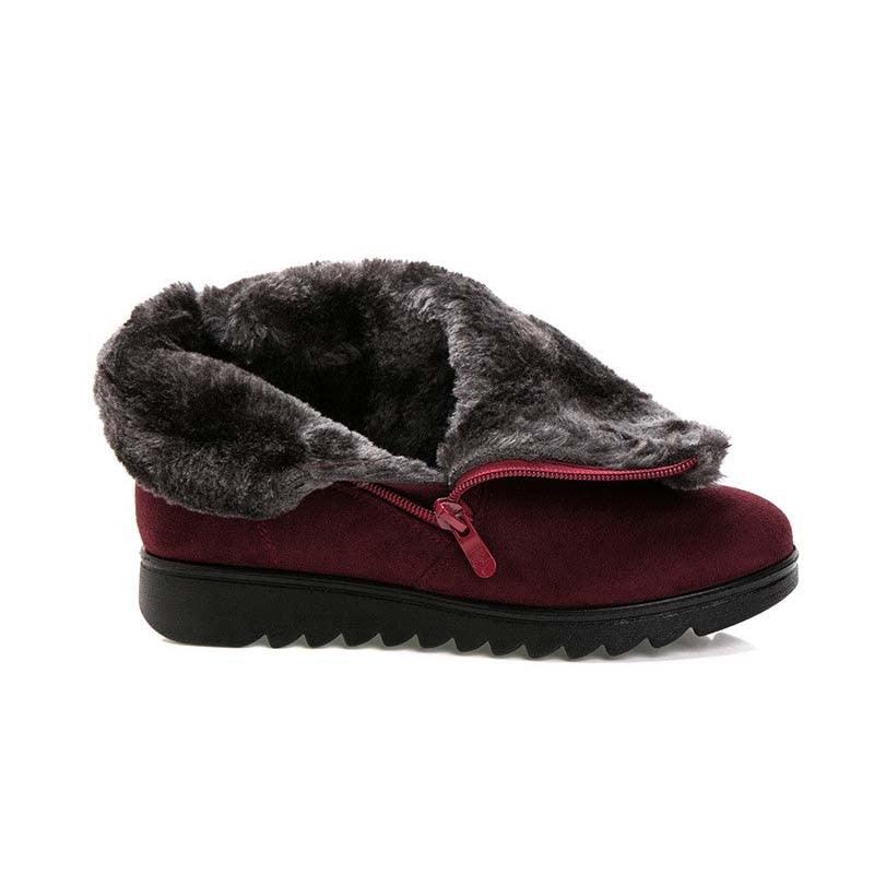 Red Stevvex women's ankle boots with faux fur lining, side zipper, black platform sole on Tampa Home & Garden Store