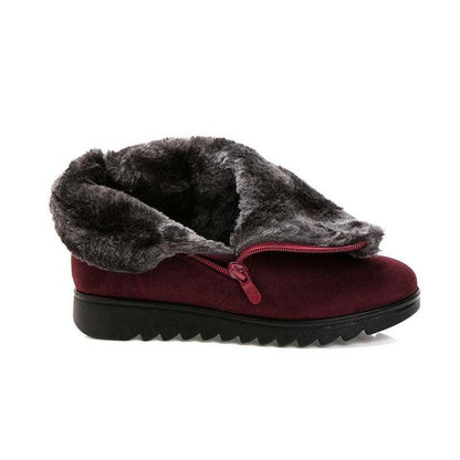 Red Stevvex women's ankle boots with faux fur lining, side zipper, black platform sole on Tampa Home & Garden Store
