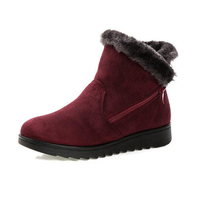 Stevvex red suede ankle boots with faux fur trim, waterproof and side zipper, rugged black sole on Tampa Home & Garden Store