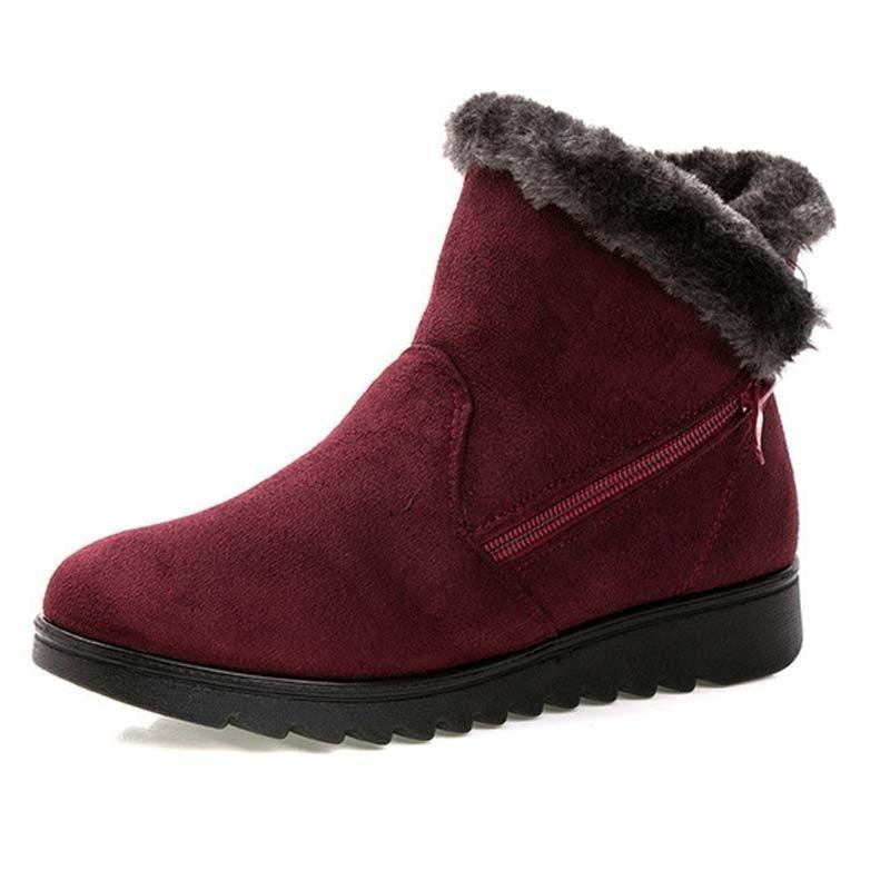Stevvex red suede ankle boot with faux fur trim, side zipper, black platform sole winter on Tampa Home & Garden Store