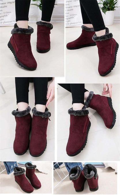 Pair of women's red suede ankle boots with grey faux-fur trim and chunky black sole on Tampa Home & Garden Store