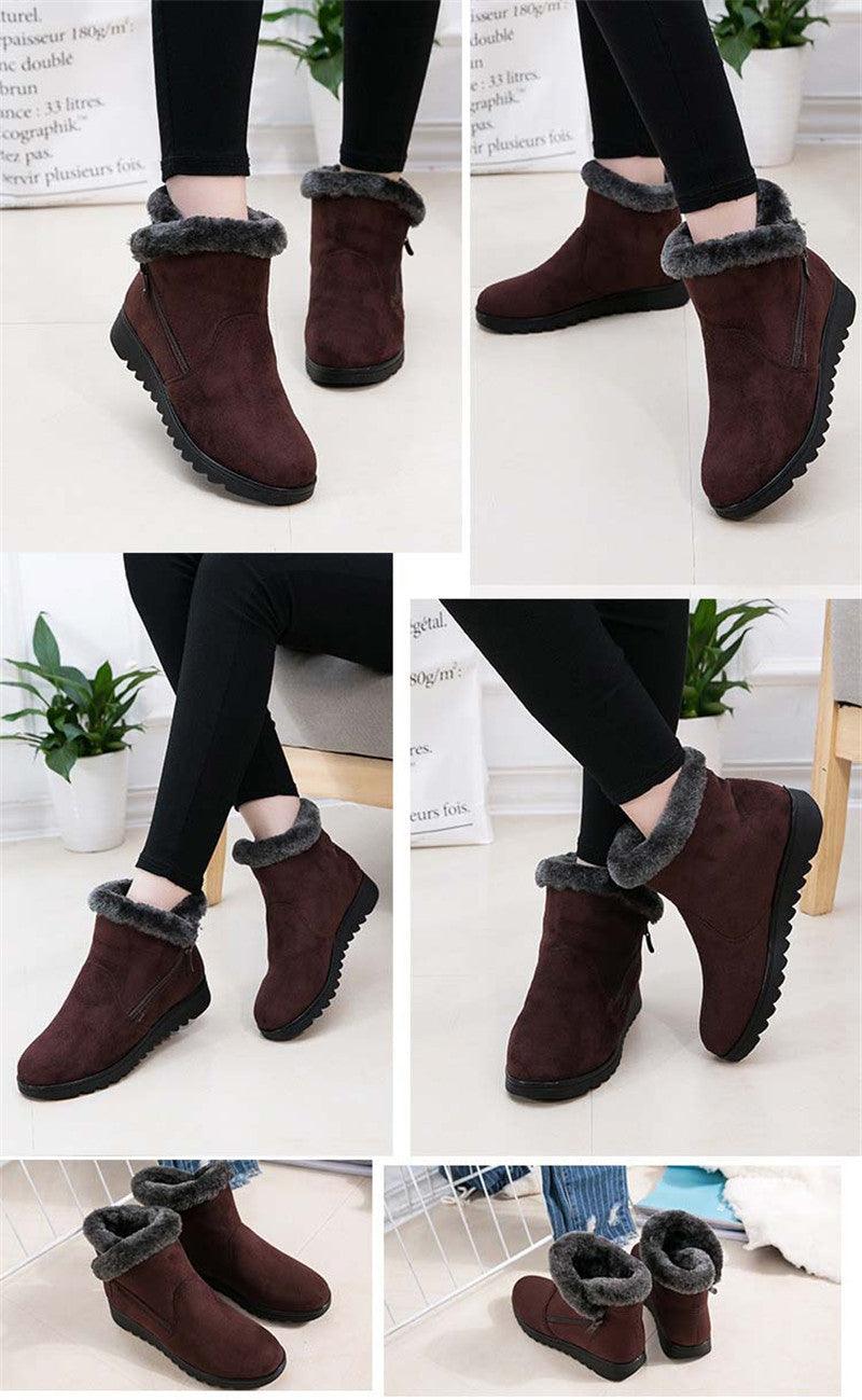 Stevvex burgundy suede ankle boots with grey faux fur trim, waterproof platform boots on Tampa Home & Garden Store