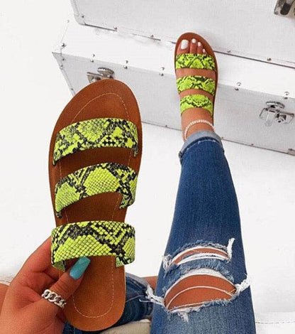 Snake print three-strap flat sandals Stevvex open toe brown footbed on Tampa Home & Garden Store