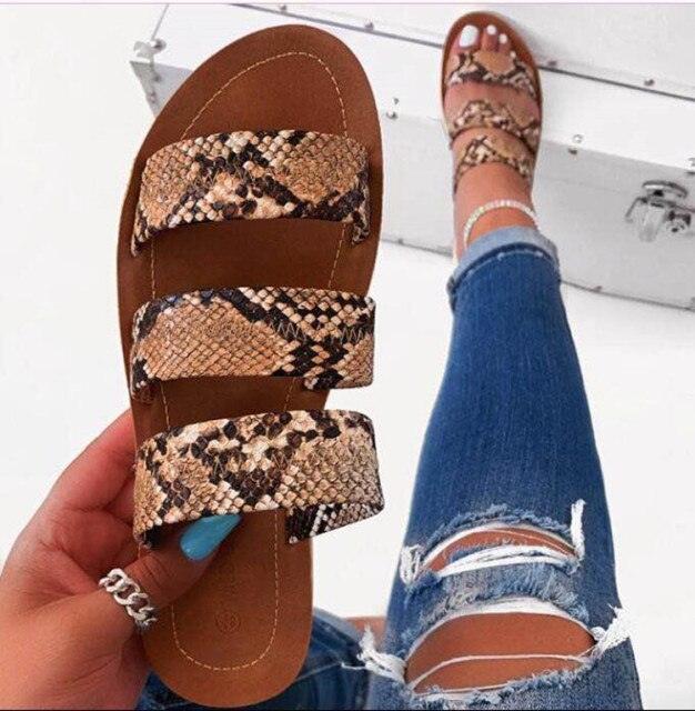 Stevvex three-strap snake print flat sandals open toe casual slides for women on Tampa Home & Garden Store