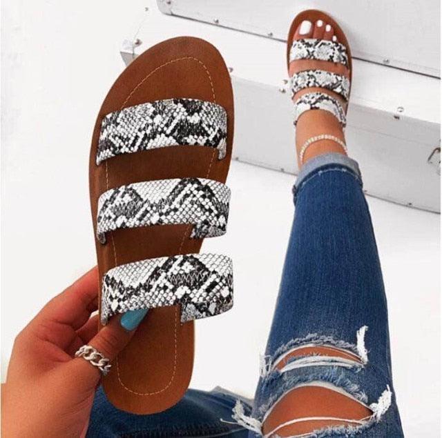 Stevvex women's snake print three-strap flat sandals with brown sole open-toe slide on Tampa Home & Garden Store