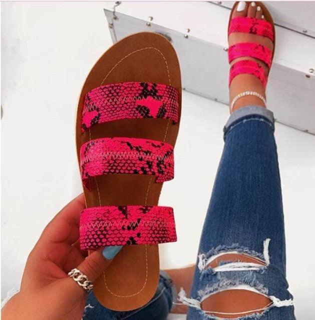 Stevvex snake print three-strap flat sandals, pink straps, open-toe, women's casual sandals on Tampa Home & Garden Store