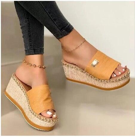 Stevvex wedge platform sandals, orange wide strap, jute-wrapped espadrille wedge, pair on Tampa Home & Garden Store