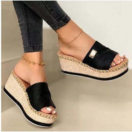 Stevvex women's platform wedge sandals pair with black fabric straps and natural jute-wrapped wedges on Tampa Home & Garden Store