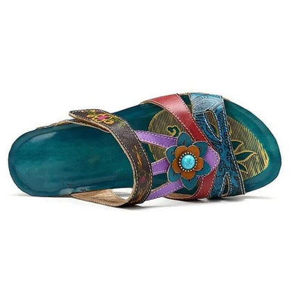 Stevvex women sandals with multicolor ethnic flower strap and teal footbed platform slide on Tampa Home & Garden Store