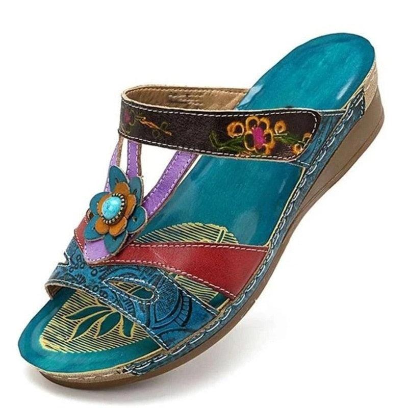Stevvex women's flower platform sandals; teal footbed leather straps and floral ornament on Tampa Home & Garden Store
