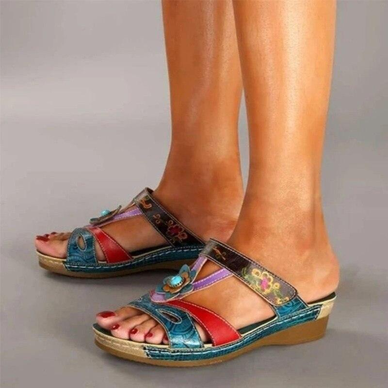 Women's platform sandals by Stevvex with multicolor straps and floral ornament on Tampa Home & Garden Store