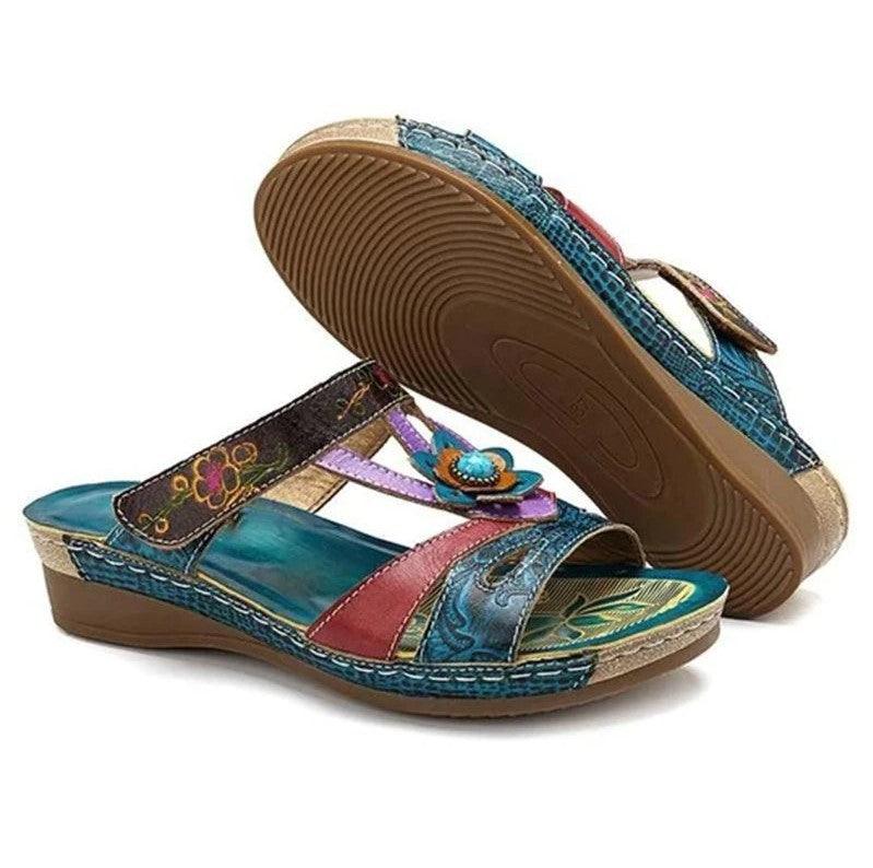 Stevvex Beautiful Women Sandals ethnic flower design, teal platform wedges, on Tampa Home & Garden Store