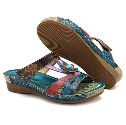 Stevvex Beautiful Women Sandals ethnic flower design, teal platform wedges, on Tampa Home & Garden Store
