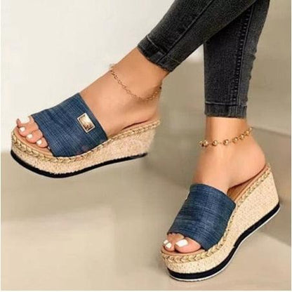 Stevvex blue denim strap wedge sandals open toe braided jute espadrille pair on Tampa Home & Garden Store