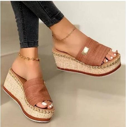 Stevvex women's platform wedge sandals with brown wide strap and natural jute-wrapped sole on Tampa Home & Garden Store