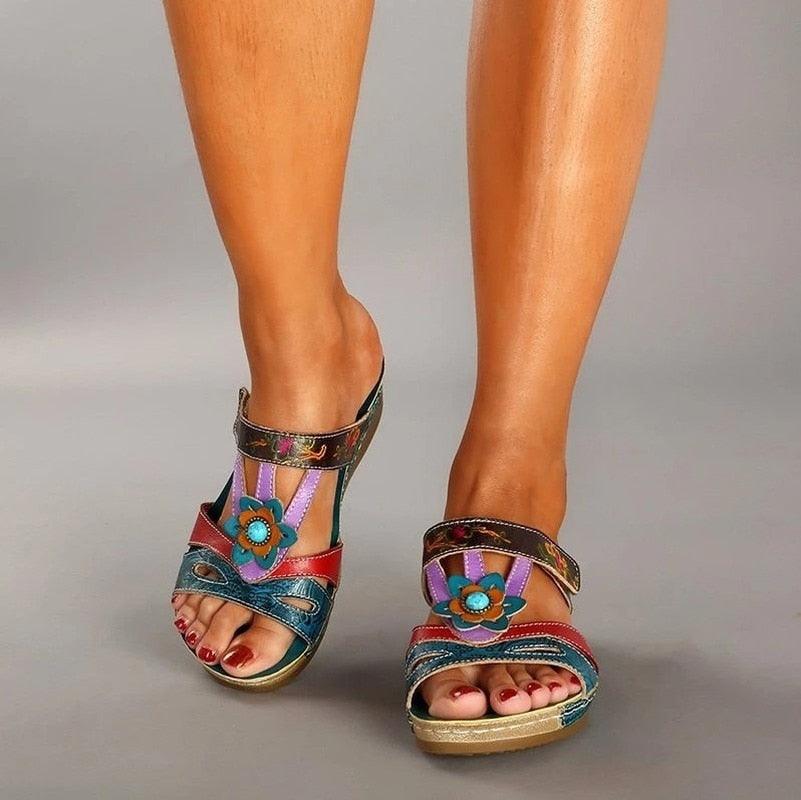 Stevvex women's platform sandals pair with floral embellishment, colorful straps, open toe on Tampa Home & Garden Store