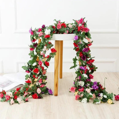 Rose artificial garland 250cm with pink red white roses and green leaves Stevvex on Tampa Home & Garden Store