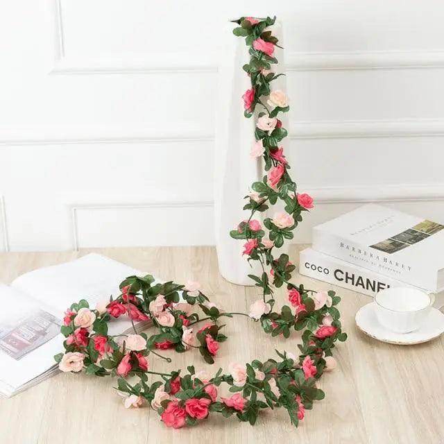 Stevvex two 250cm rose artificial garlands with pink blossoms and green leaves on Tampa Home & Garden Store