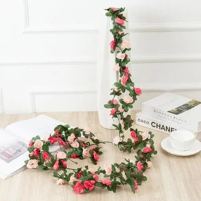 Stevvex two 250cm rose artificial garlands with pink blossoms and green leaves on Tampa Home & Garden Store