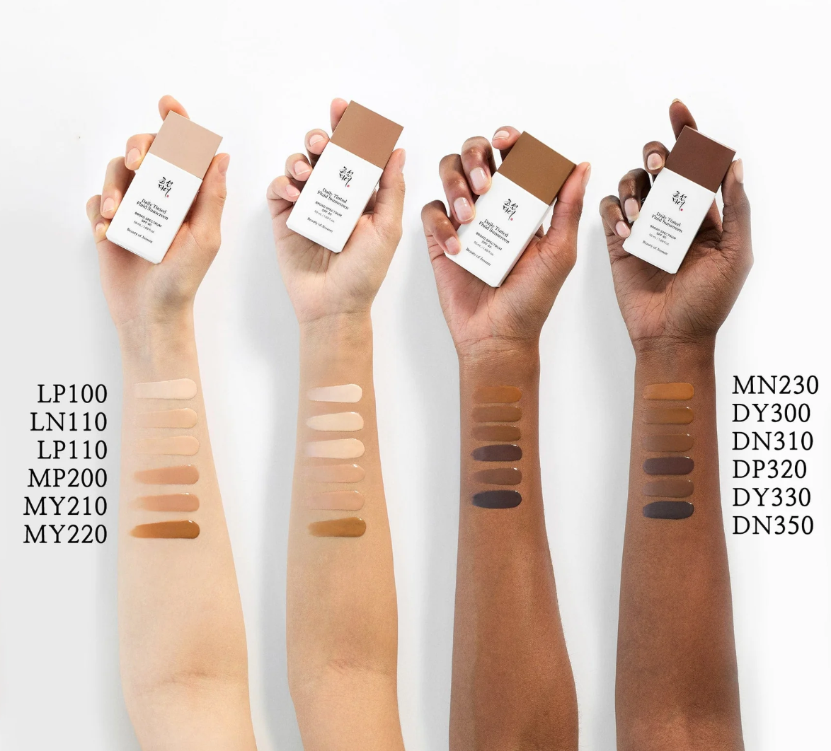 Beauty of Joseon Daily Tinted Fluid Sunscreen SPF50+ PA+++ 50ml, 4 bottles with 12 shade swatches on arms on Tampa Home & Garden Store