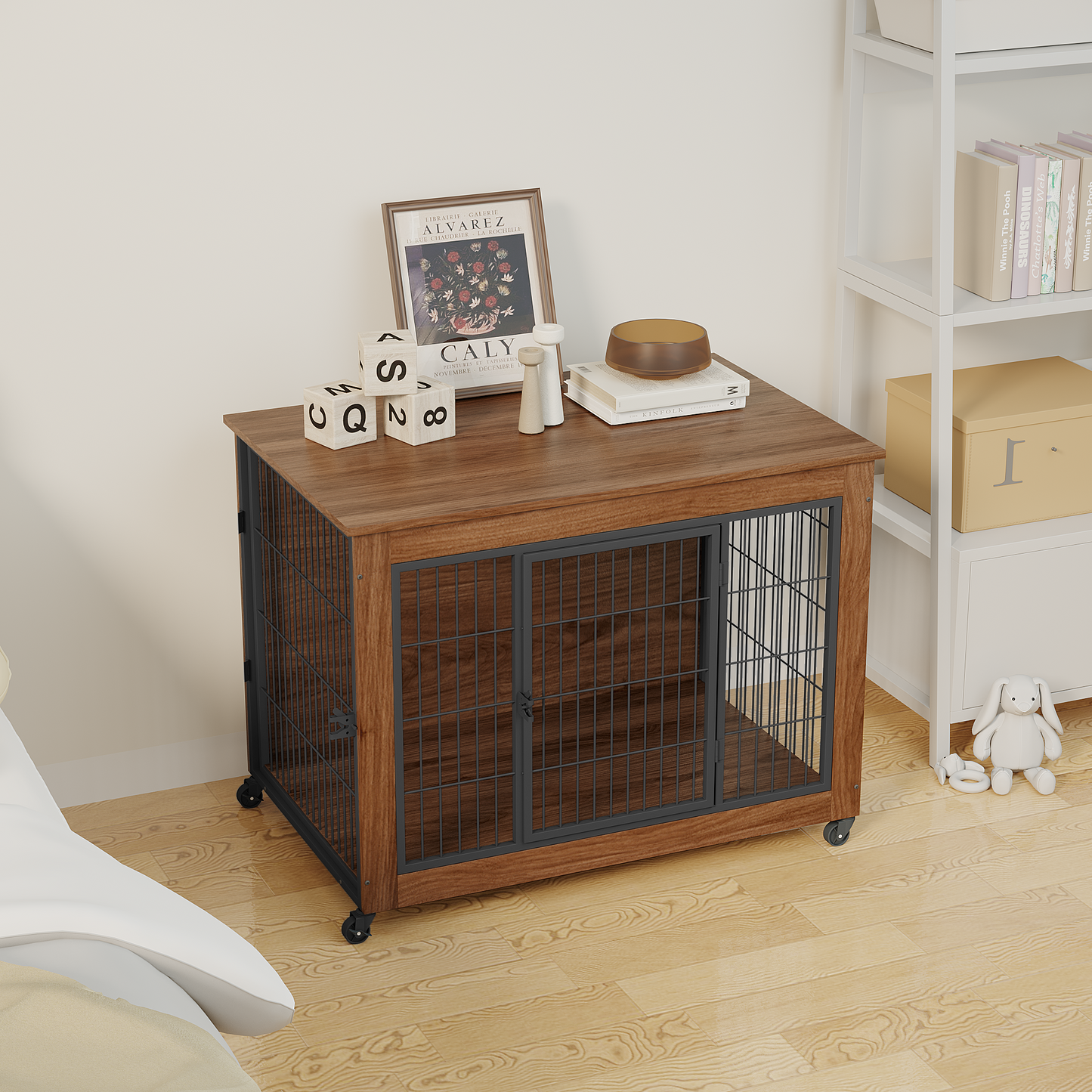 38.6in dog crate furniture on wheels for small dogs, wood frame with black metal cage in a study on Tampa Home & Garden Store