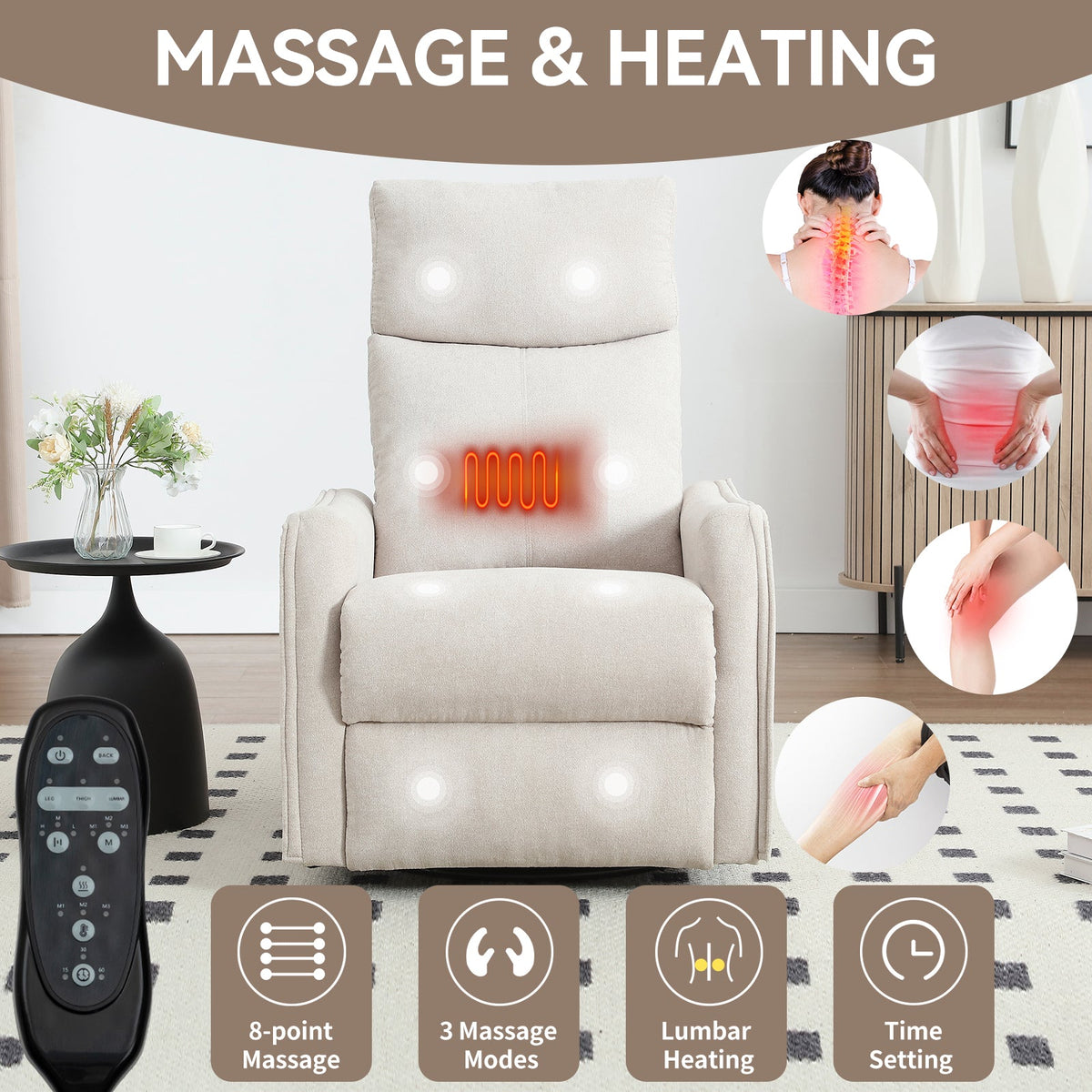 Heat Massage Manual Recliner Chair by HouseOfZazla in beige fabric with rocker and swivel on Tampa Home & Garden Store