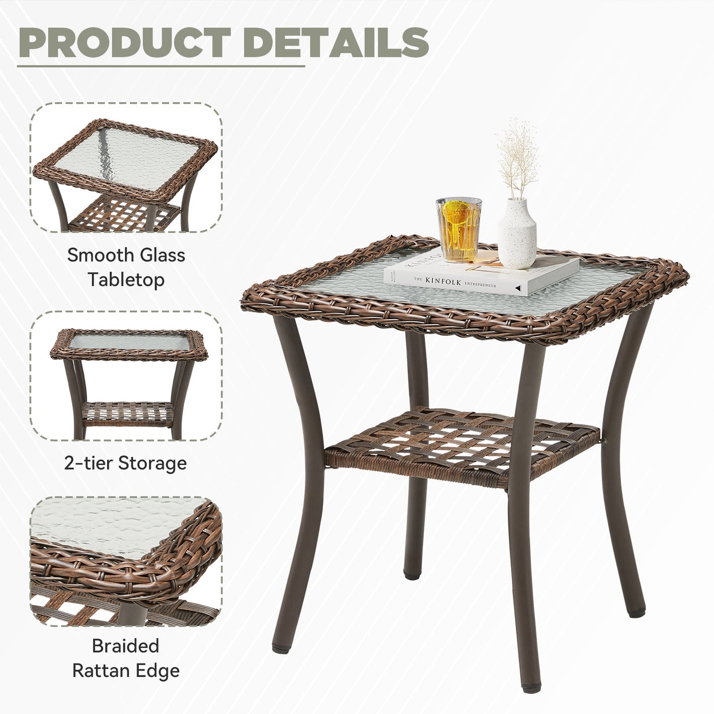 3-Piece Outdoor Furniture Set brown wicker glass-top table braided rattan edge by HouseOfZazla on Tampa Home & Garden Store