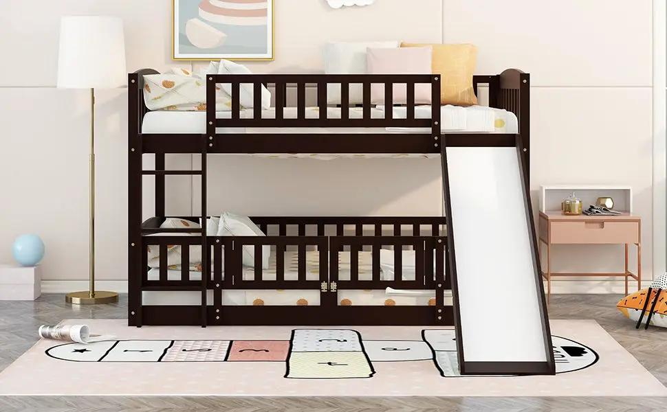 Low Bunk Bed With Slide Fence and Ladder