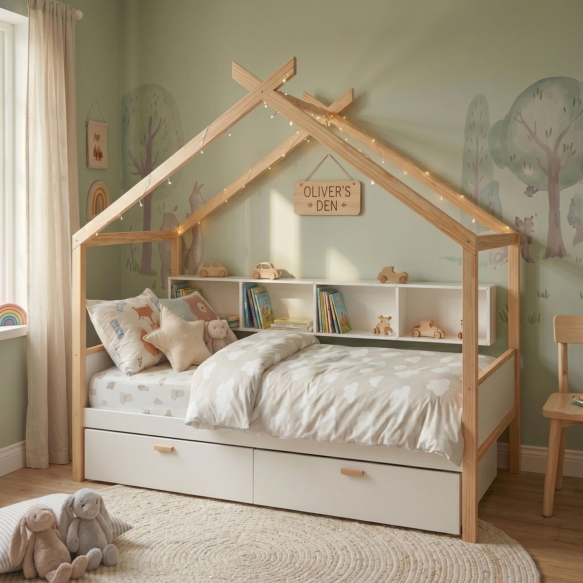 House bed with bookshelf storage in light wood frame with drawers; cozy kids room scene on Tampa Home & Garden Store