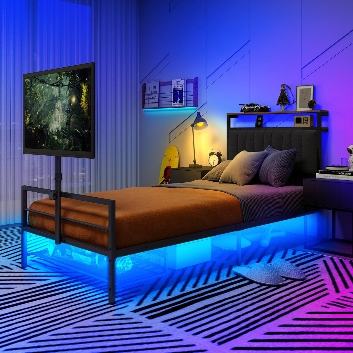 Twin size gaming bed frame with rotating TV mount and blue LED lighting on Tampa Home & Garden Store