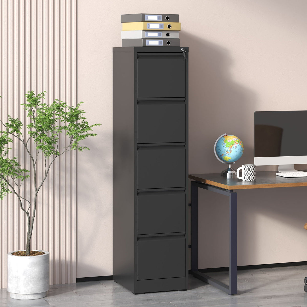 Vertical filing cabinet with lock by HouseOfZazla, black 5-drawer unit with top binders on Tampa Home & Garden Store